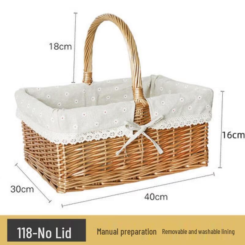 Open-Top Hand-Woven Willow Picnic Basket with Snowflake Lining