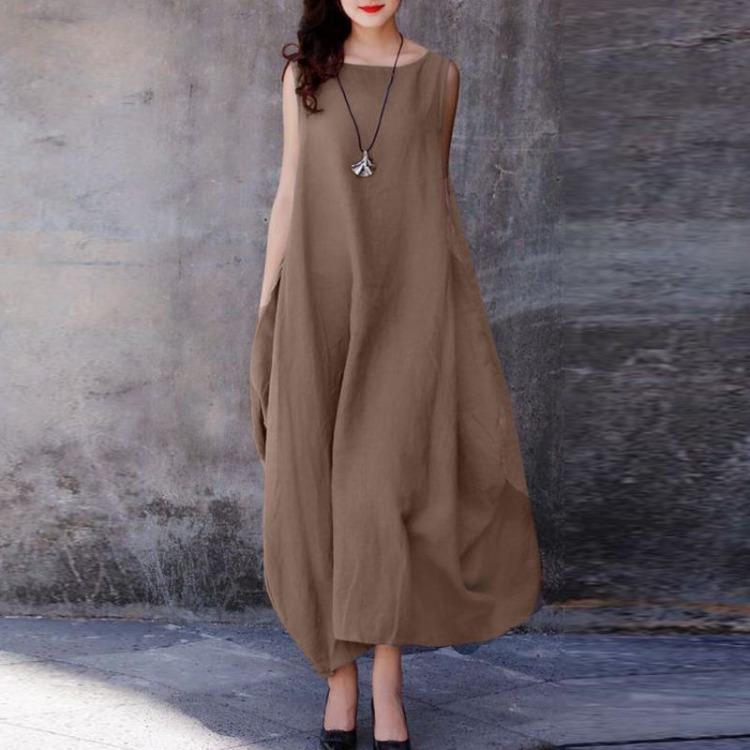 Trendy Women Summer Sleeveless Loose Pocket Big Hem Simple Style Solid Color Vestidos Lady Spring Fashion New Long Dress