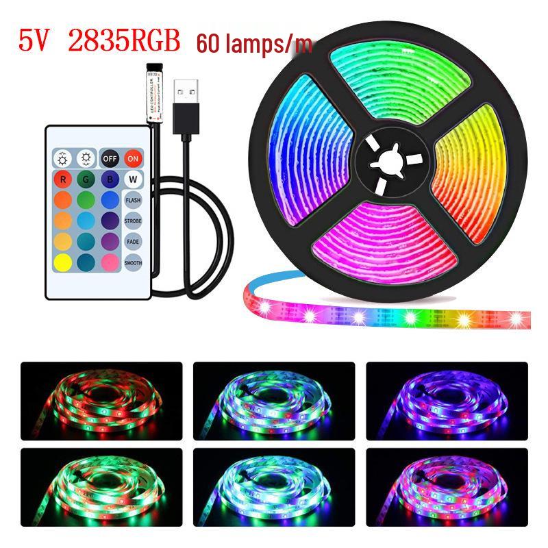 RGB LED Strip Light with 24-Key IR Remote & Bluetooth App Control, 2835 SMD 60 LEDs/m, Flexible 5V Strip