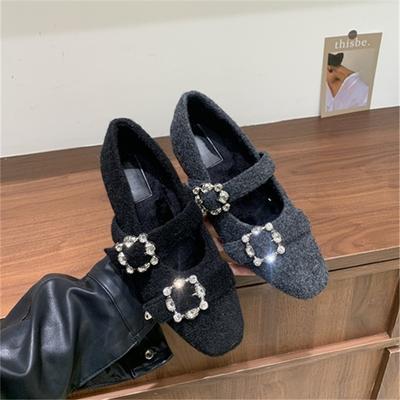 Coarse Heel Velvet Cotton Single Shoes Square Head Rhinestone Metal Buckle Warm Mary Jane Shoes Doudou Shoes