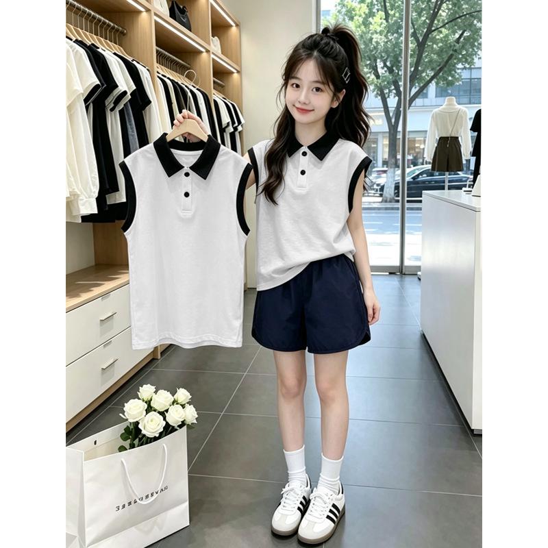 Girls' Cotton Patchwork Polo Vest Set - Summer 2026 Collection for Medium & Large Children, Sleeveless Lapel T-Shirt.