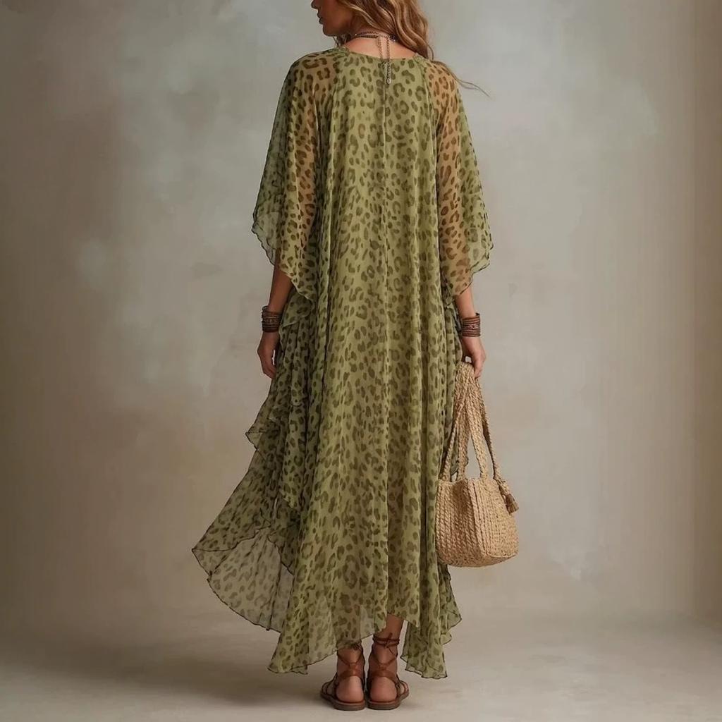 European and American Independent Station Autumn Fashion Loose Leopard Print Chiffon Dress
