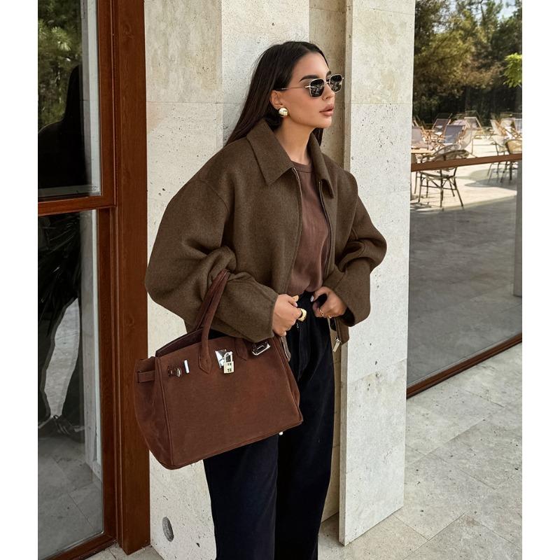 Damen Vintage Brauner Dicke Wolle Lockerer Umlegekragen Wintermantel