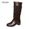 Vintage Leather Chunky Heel Riding Boots for Women  Autumn Winter Plus Size 36-41 Long Boots Knee-High Pleated Botas Mujer