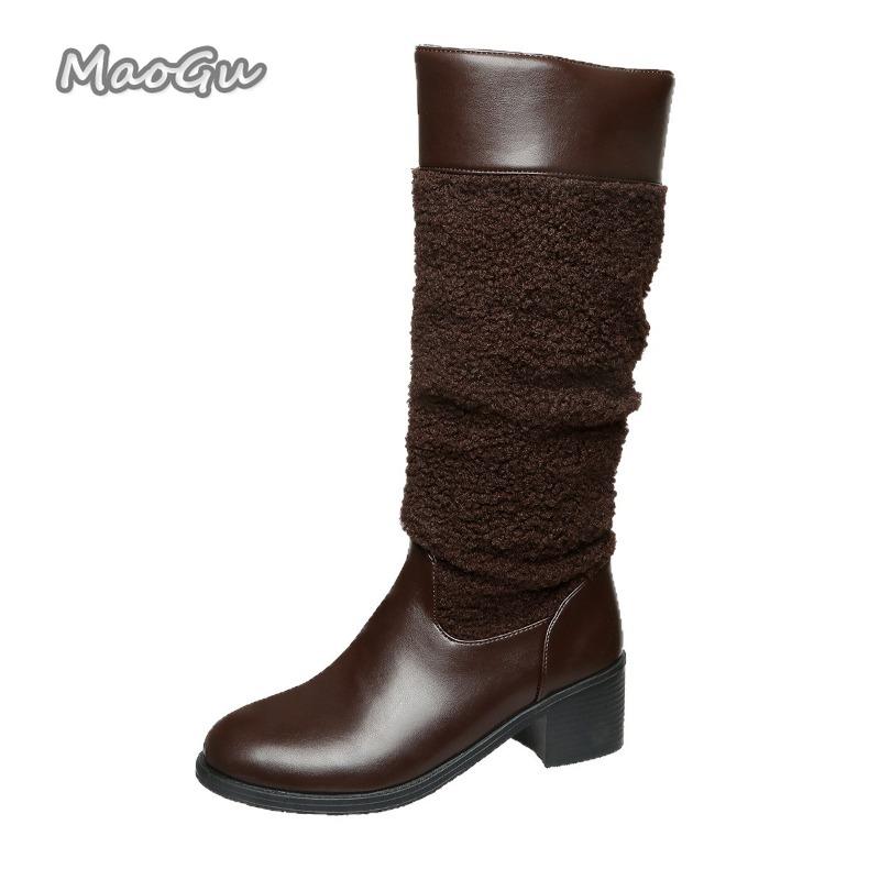 Vintage Leather Chunky Heel Riding Boots for Women  Autumn Winter Plus Size 36-41 Long Boots Knee-High Pleated Botas Mujer