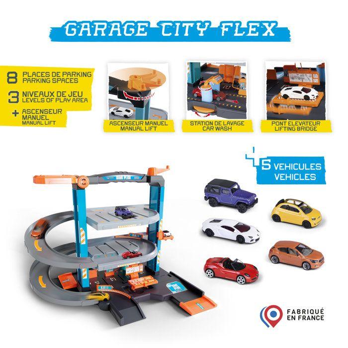 Garage City Flex - MAJORETTE - 3 niveaux - Station lavage, pompe, ascenseur- 5 véhicules inclus - Des 3 ans