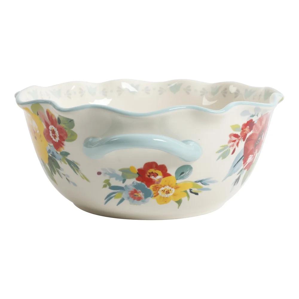 Sweet Romance Blossom Serving Bowl with Handles Scalloped Edge Microwave Dishwasher Safe Large Ceramic Bowl Decorative Kitchen