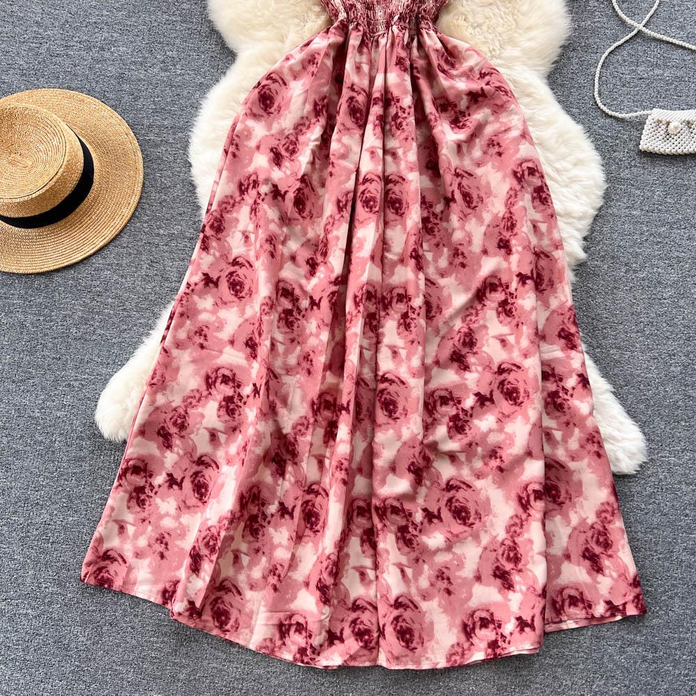 Koreansk stil for kvinner Rose Blomstertrykk Retro Festkjole Sommer Elastisk Høy midje Ferie Lang kjole Strand Vestido