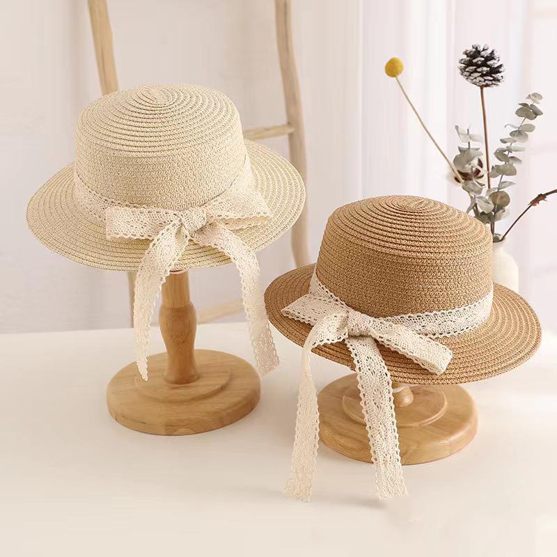 Lace Bow Kids Sun Hat Summer Wide-brim Straw Hats for Girls Outdoor Sunshade Beach Panama Cap
