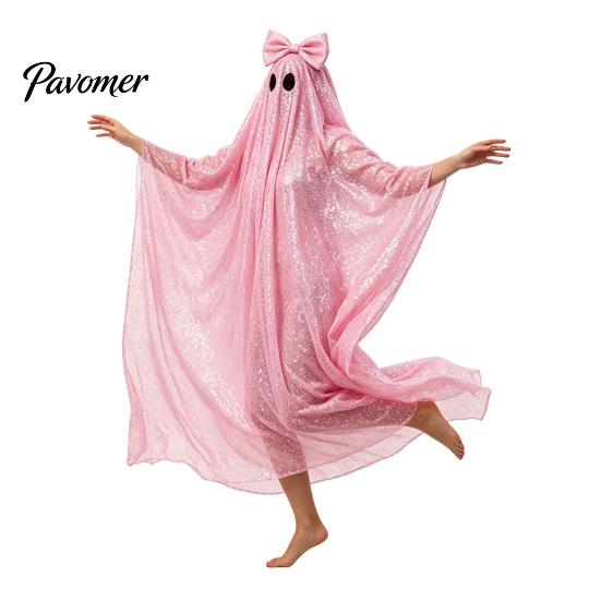 White Ghost Poncho Sequin Cape for Women, Cute Halloween Costume Cloak with Holiday Cosplay Bows, Lightweight Mesh Pullover Robe Party Photoshoot
