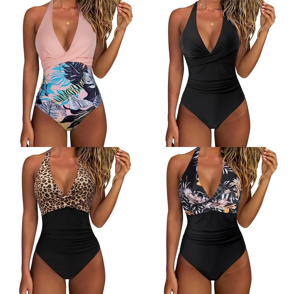 Swimsuit Women One Piece With Cross Color Block Polyester For Water Sports And Beach Relaxation