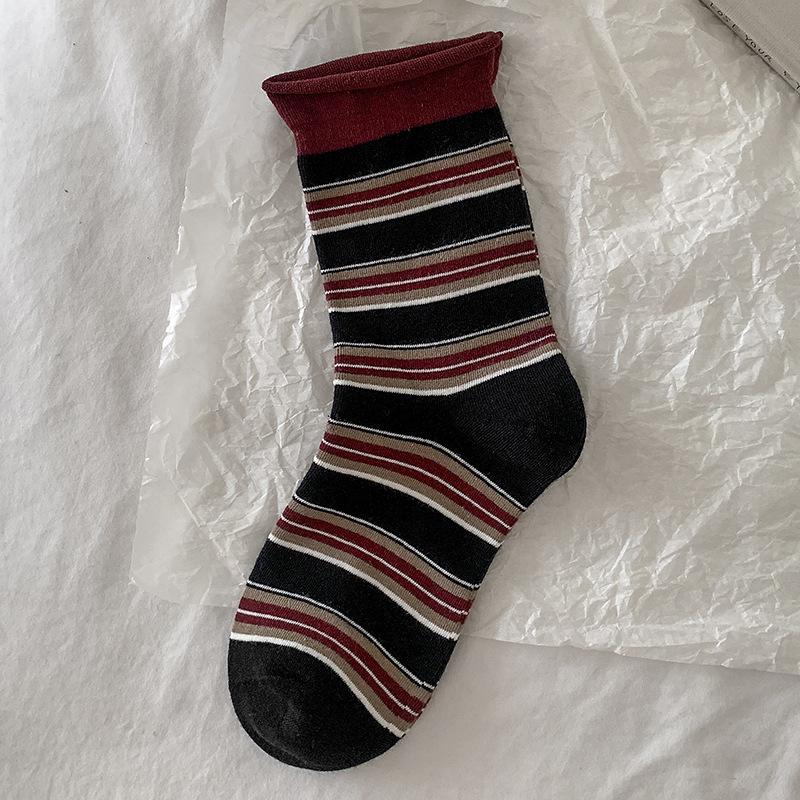 Socks Retro Hong Kong Style Striped Pure Cotton Medium Tube Socks Tide Season Boneless Crimping Color Matching Pile Socks Women