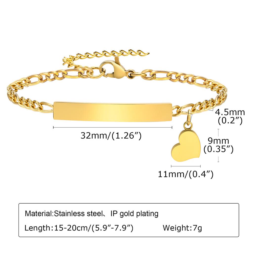 Personalized Matching Bracelet Couples, Stainless Steel Figaro Cuban Chain Link, Heart Danglin Engraving ID Bracelets