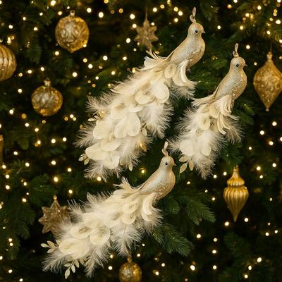 Long Tail Christmas Peacock Ornaments Glimmering Feather Handmade Peacock Bird Figurine with Clip Realistic