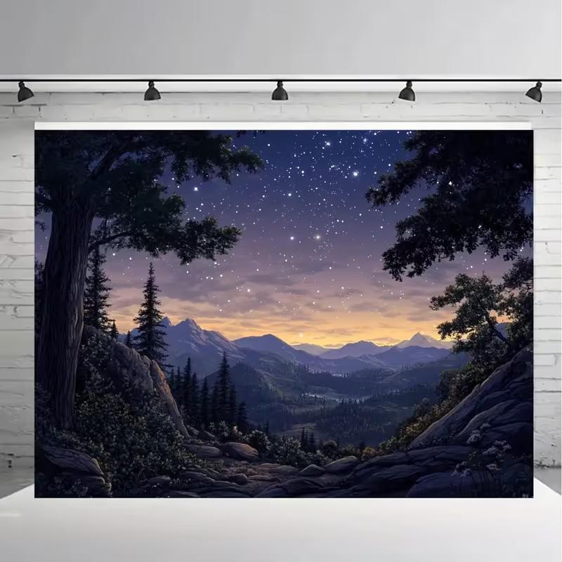 2D Night Mountain Tapestry Starry Sky Forest Sunset Scenery Wall Art