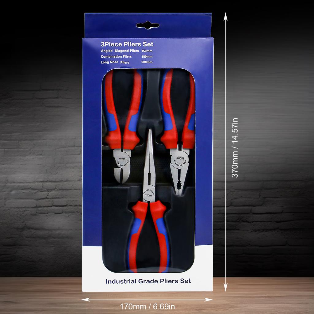 3PCS Plier Set,Including 8"Needle Nose Pliers, 8"Linesman Pliers and 7"Diagonal Cutting Pliers, Bi-material Handle