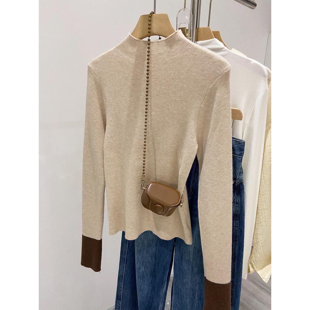 Contrasting color splicing semi-turtleneck bottoming shirt knitted sweater women's autumn and winter temperament slim fit inside slim shoulder top