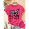Elegant Women's Short-Sleeve Floral Butterfly Gift SELF CARE Letter Print Pattern Retro Round Neck T Fresh and Natural Style Loose-fitting Shirt