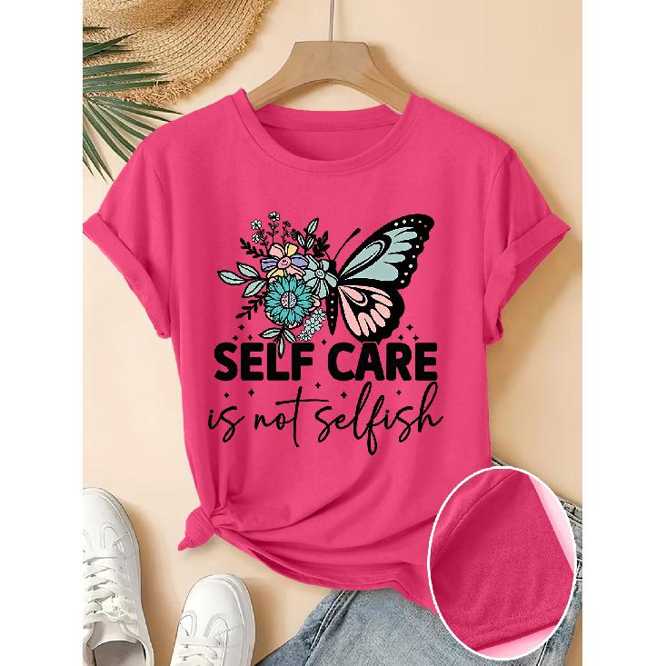 Elegant Women's Short-Sleeve Floral Butterfly Gift SELF CARE Letter Print Pattern Retro Round Neck T Fresh and Natural Style Loose-fitting Shirt