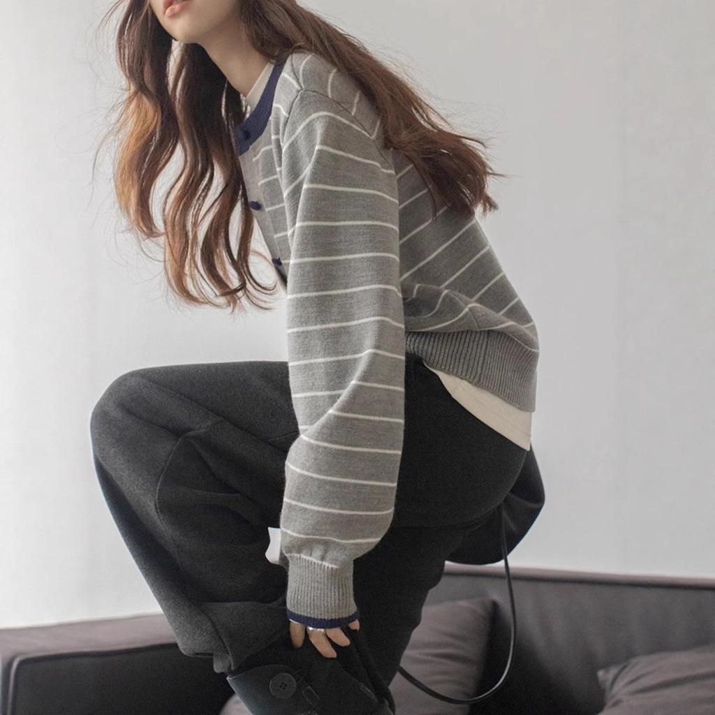 2026 Autumn/Winter Korean Color Block Striped Knit Cardigan for Women - Simple, Loose, Slimming, Lazy Style Sweater Coat