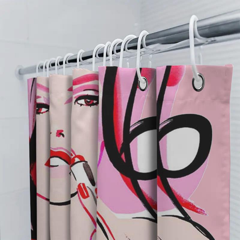 Pink Beauty Woman Shower Curtain Set Pink Bath Decor With Makeup Brush Print For Bathroom Decoration Waterproof Polyester Fabric