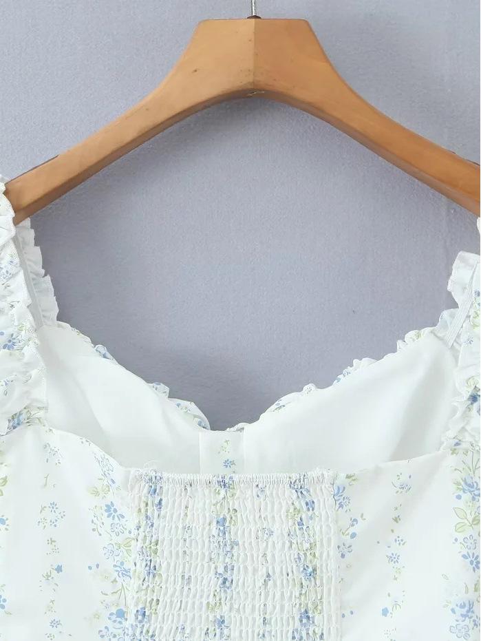 Elegant French Square Neck Floral Tie-Up Top - Women's Summer Slimming Waist-Cinching Shirt