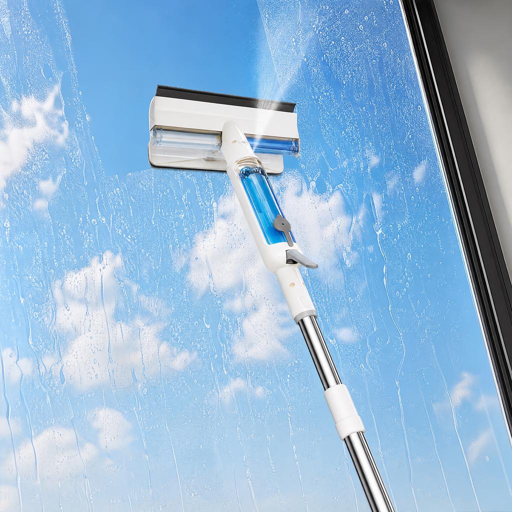 4-in-1 Window Squeegee Cleaning Kit with Wastewater Recovery and 2 Sponge Replacement Heads for Indoor/Outdoor Windows and Car Glass