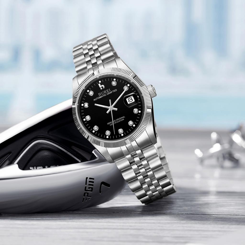 BUREI Men's Automatic Watch Waterproof Analog Date Mechanical Popular Male Brand Stylish Wristwatch Simple Casual Silver Black Watch
