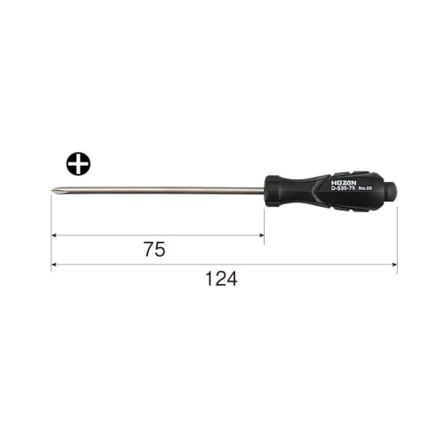 HOZAN Phillips šroubovák Phillips č.00 Celková délka 124mm Délka hřídele 75mm Tenká hřídel Specifikace Ideální pro zapuštěná místa D-530-75