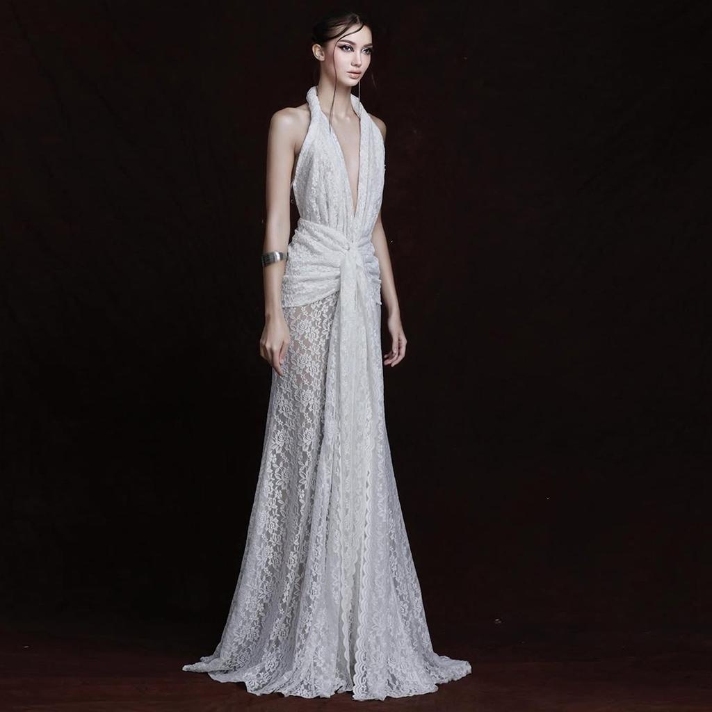 2026 European and American summer new elegant temperament style niche design lace splicing neck deep V dress