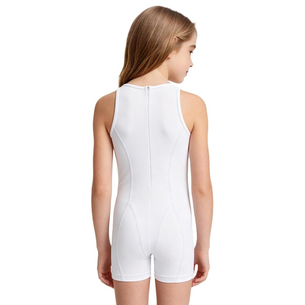 Kids Girls Gymnastics Dance Bodysuit Round Neck Sleeveless Back Invisible Zipper Thigh Length Jumpsuit for Practice Training