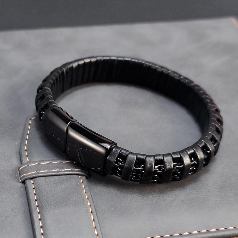 2025NEW Charm Bracelet Retro Black Leather Woven 8mm Stainless Steel Chain Never Fade Men's and Women's Jewelry Chain Gift Boho