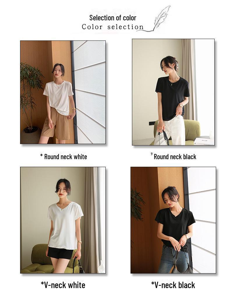 Damen Weißes V-Ausschnitt Kurzarm Sommer T-Shirt (2025), Lockere Passform, Unifarbe, Schlankes Unterhemd
