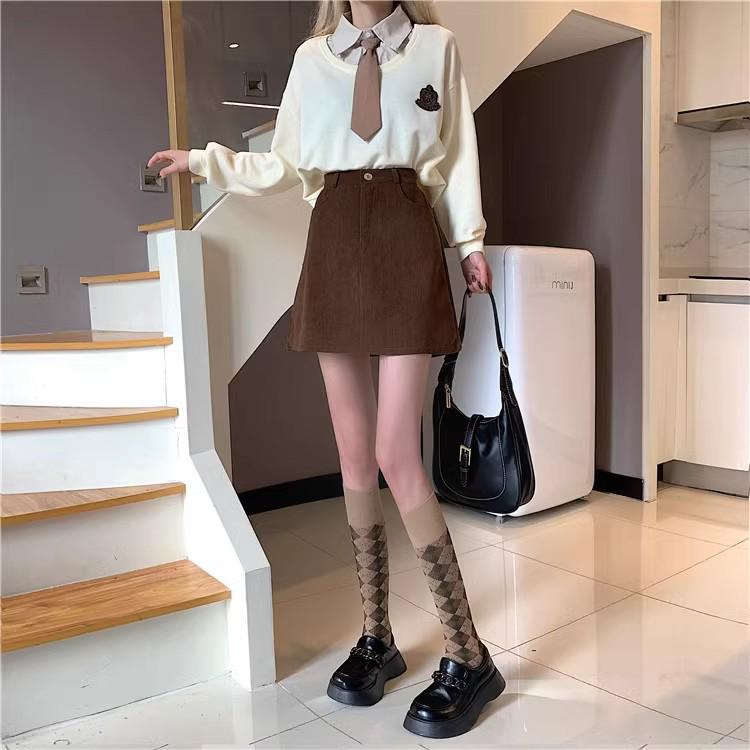 Women's Plus Size High Waist Coffee Corduroy A-Line Skirt - Slimming Anti-Exposure Short Skirt for Fall/Winter