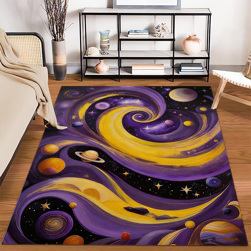 Galaxy-Inspired Rug with Golden Swirls, Planets, and Starry Sky Suitable for use as an anti-slip for living room bedroom sofas