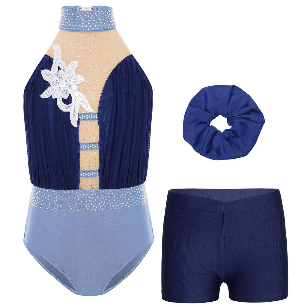Girls Gymnastics Dance Outfit Sleeveless Keyhole Back Rhinestones Leotard V Waistband Shorts Hair Tie