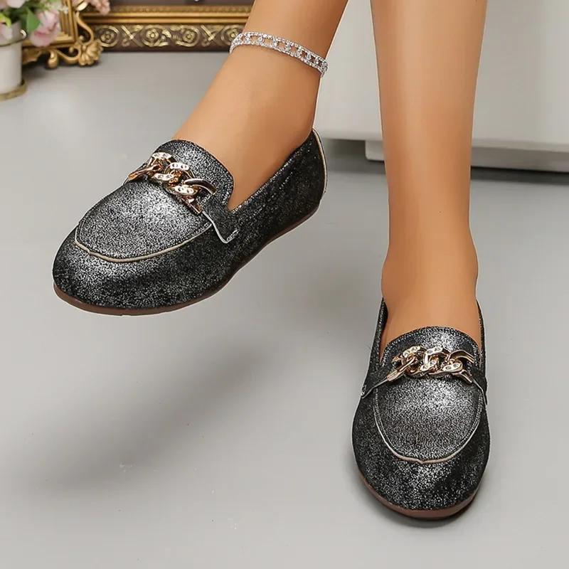 2024 Neue Schuhe Damen Ein Tritt Damen Ballerinas Herbst Runde Zehenkette Einfarbig Weiche Sohle Lässig Bequem Große Größe Ballerinas Schuhe