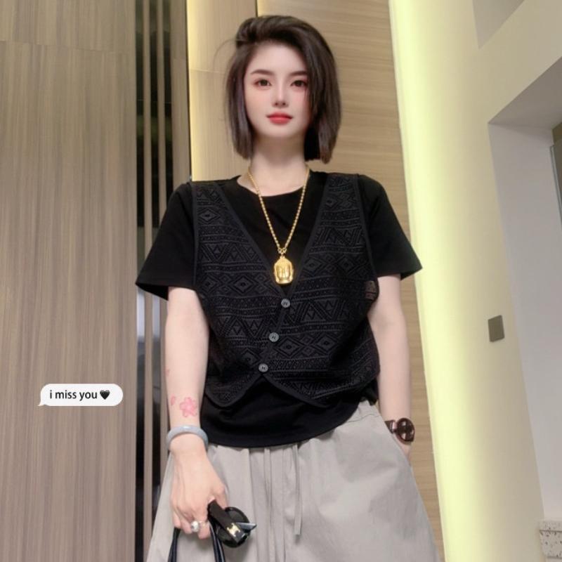 Summer new fake two pieces design sense thin versatile women's shirt shirt fake two tops