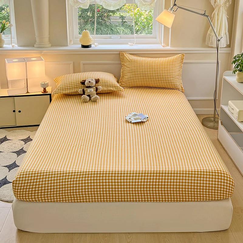 Plaid Fitted Sheet With Elastic Band Non Slip Adjustable Mattress Cover Soft Comfortable For Single Double King Queen Size