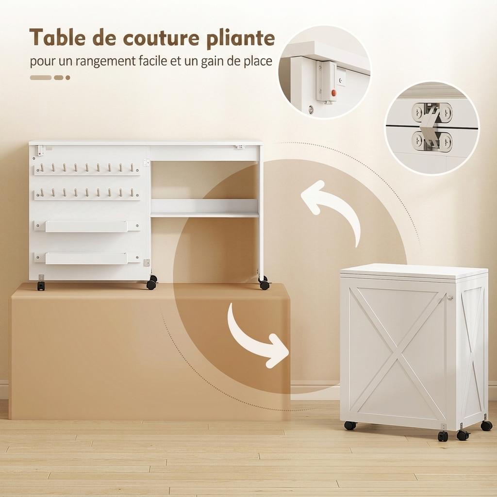Folding Sewing Table, Rolling Sewing Furniture, Barn Door Magnetic, 2 Bins, Shelf, 18 Pegs, White