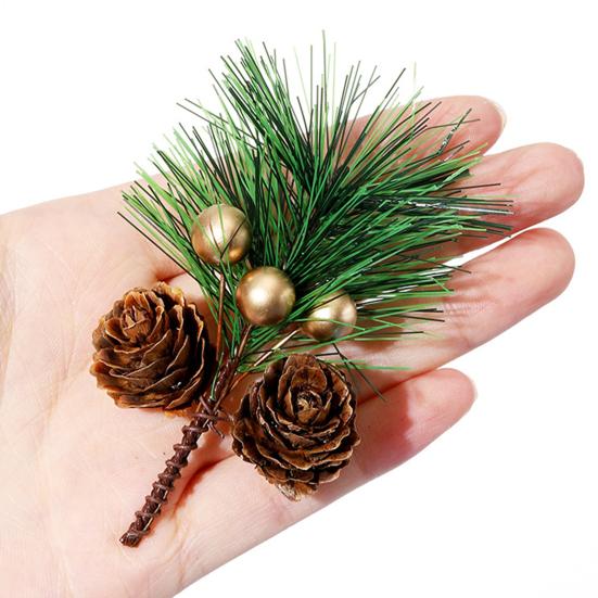 10 Pcs Artificial Pine Pick Mini Pine Needles Branches with Gold Berry Small Pinecones Stems for Holiday Crafts Christmas Tree DIY Garland Wreath