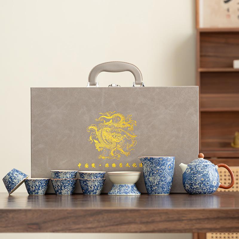 Ru kiln high-end kung fu tea set gifts for teachers and elders living room flowers household teapot teacups