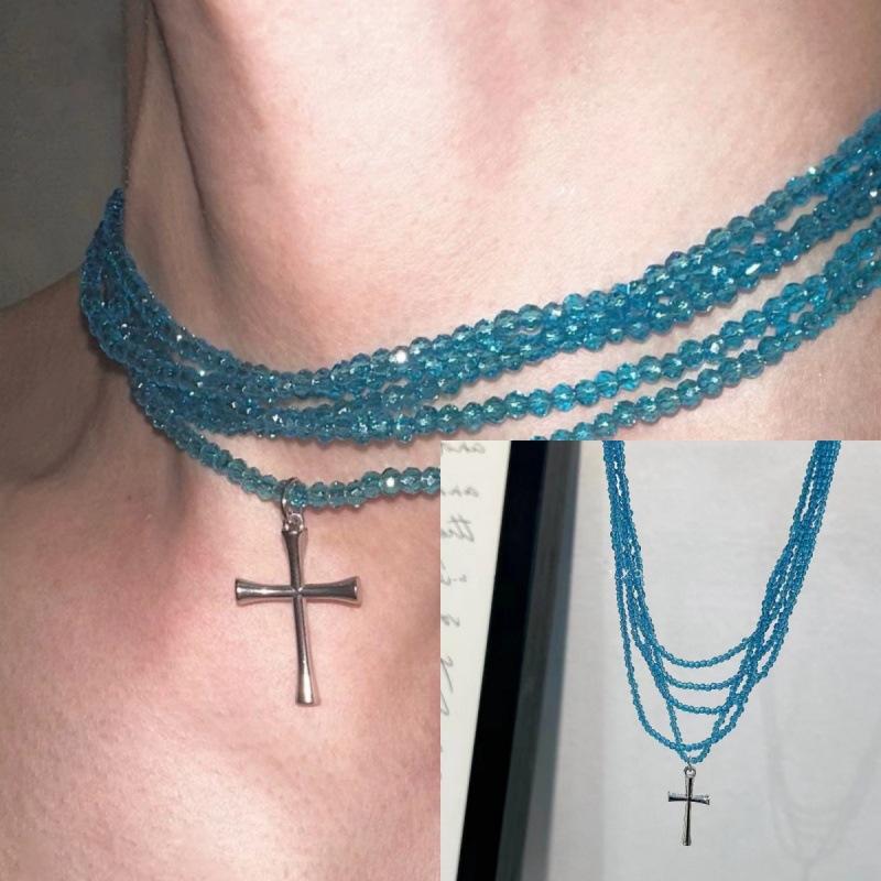 Light luxury exquisite multi-layer red beaded cross pendant necklace female sweet cool personality niche high-end sense collarbone chain