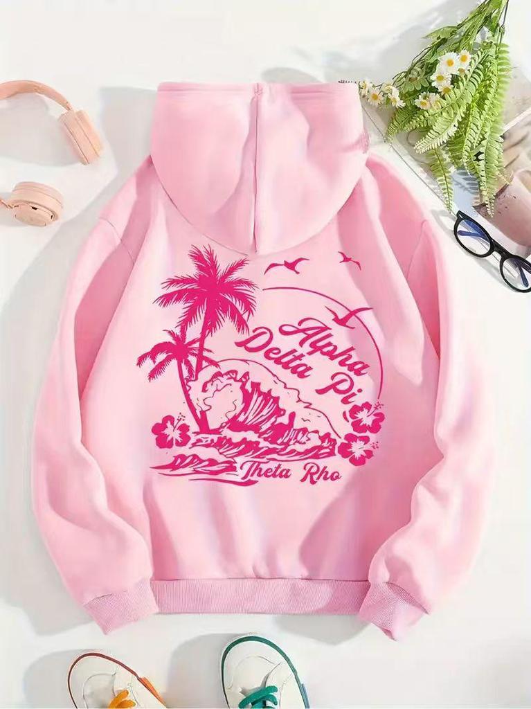 2025 European Style Hooded Sweatshirt with Tropical Coconut Tree Pattern - Drop Shoulder Pullover Casual Wear