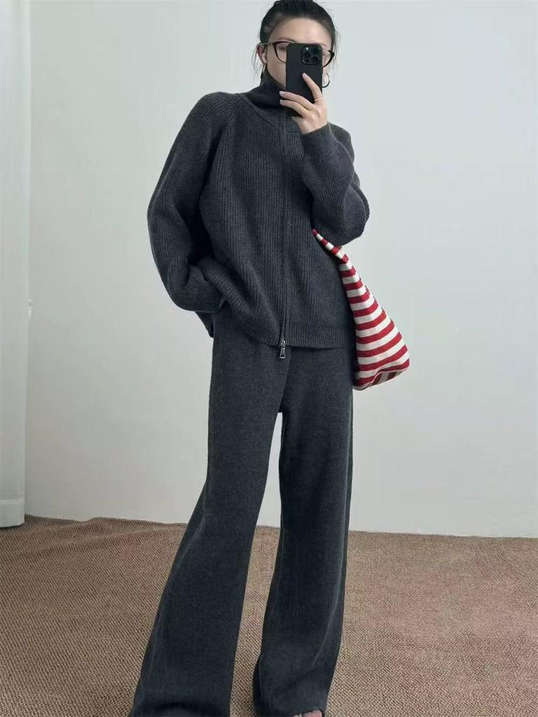 Autumn and winter new European and American women's clothing solid color zipper cardigan knitted wide-leg pants two-piece set for women