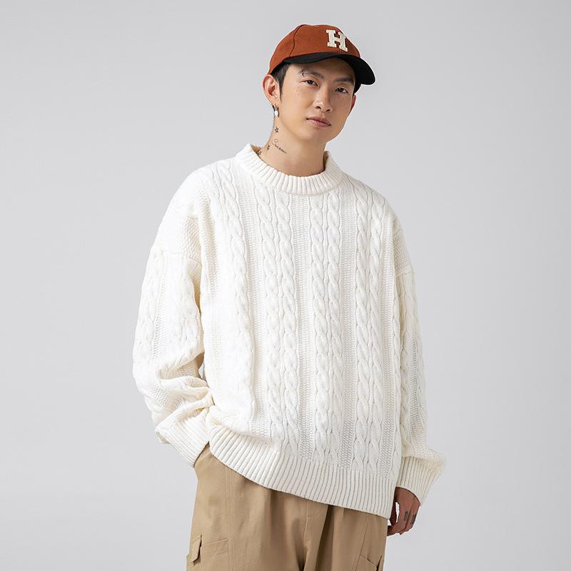 Japanese Style Men's Solid Crew Neck Sweater Autumn Winter Vintage Loose Casual Knitting Shirt