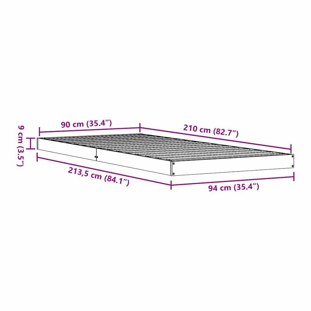 Floor Bed Frame White 90 x 210 cm Solid Pine Wood
