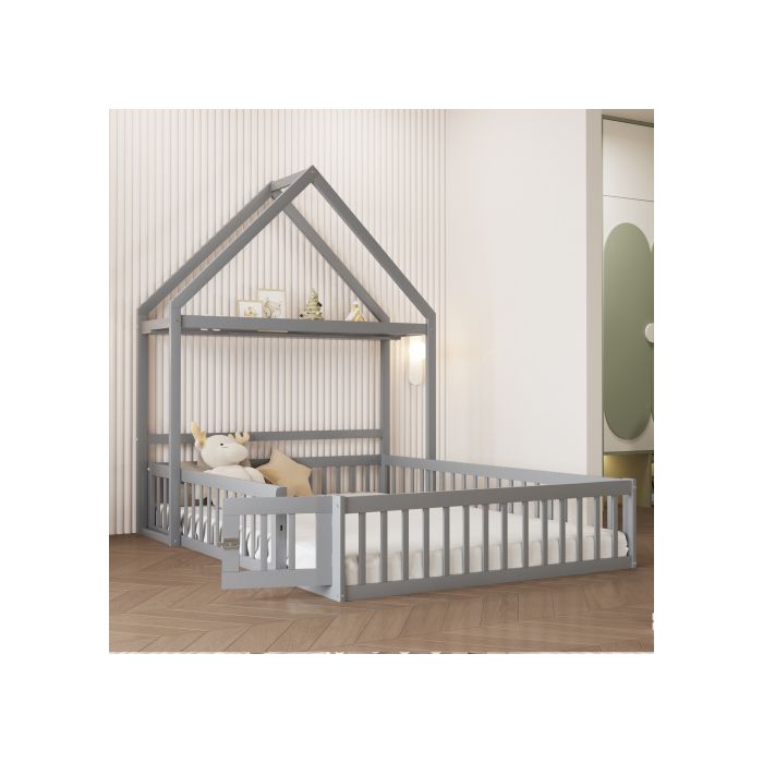 Lit de bébé 140 x 200 avec espace de rangement, rails de sécurité intégrés, porte et sommier à lattes, gris