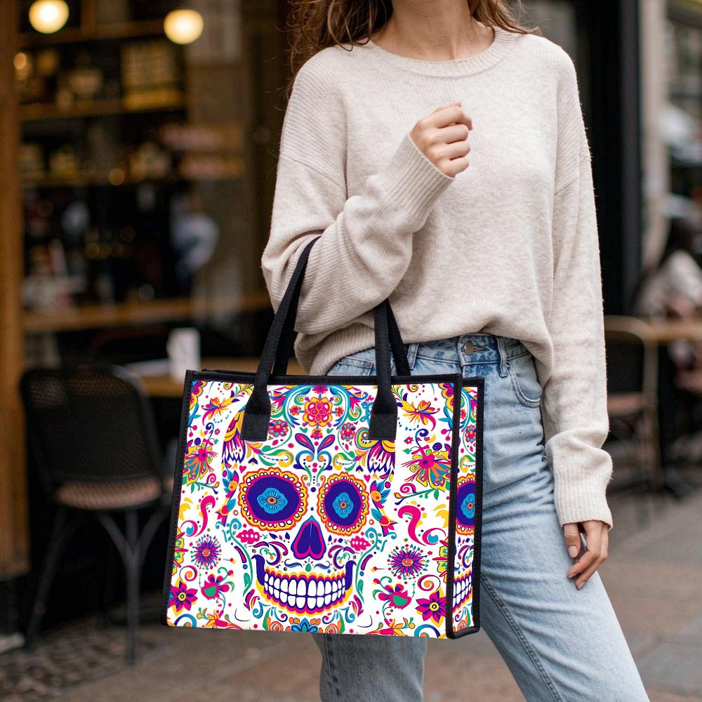 Mexican Sugar Skull Pattern Fashion Tote Bag Portable Casual Daily Shoulder Handbag for Outdoor Shopping Travel Use