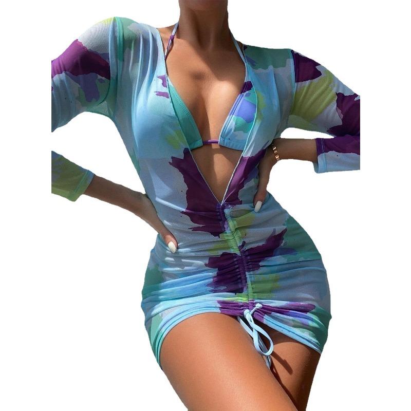 New Transparent Mesh Digital Three-piece Printed Sunscreen Beach Bikini Swimsuit